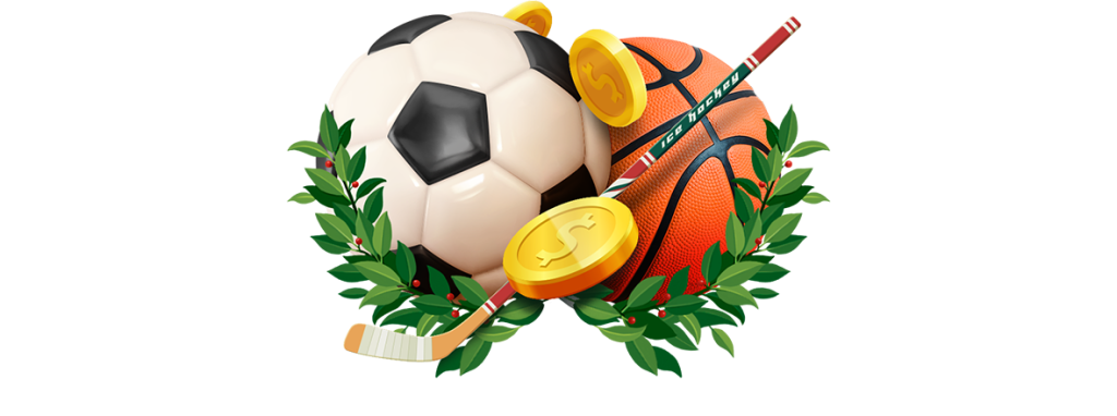 Bolas de futebol e basquete com taco de hóquei e moedas