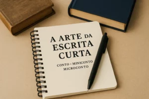 Caderno espiral com a frase "A Arte da Escrita Curta", ao lado de uma caneta preta e dois livros sobre superfície bege.