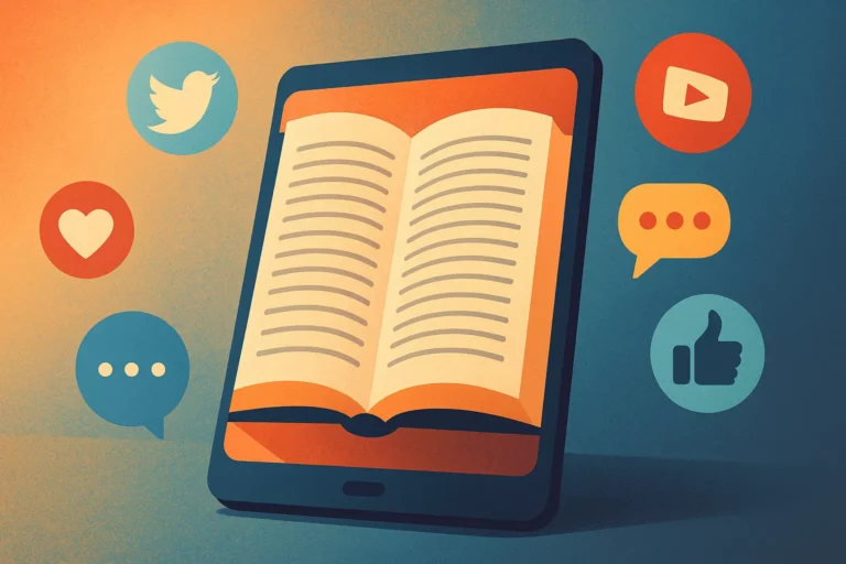 Ilustração digital de um tablet aberto exibindo um livro digital, cercado por ícones de redes sociais e elementos de leitura, representando um clube de leitura online.