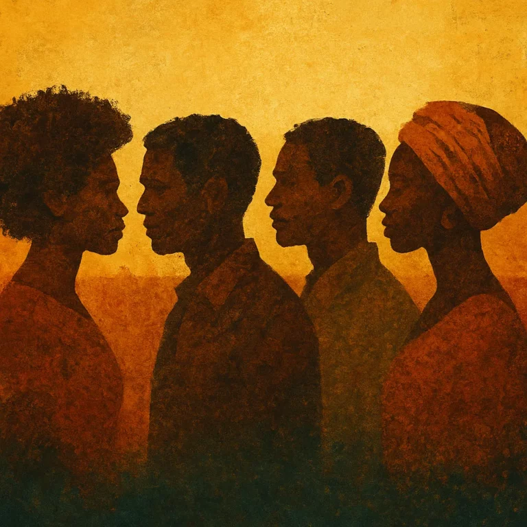 Silhuetas de quatro figuras africanas em perfil, sobre fundo texturizado com tons quentes que evocam memória e identidade pós-colonial.