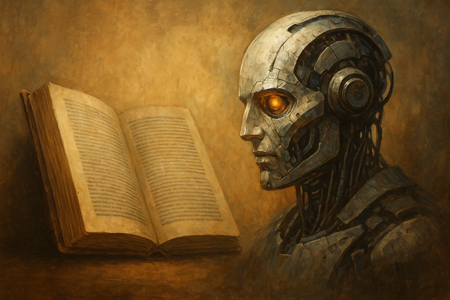 Pintura digital de um livro antigo e desgastado sobre uma mesa escura, iluminado por luz suave, simbolizando a resistência da literatura em tempos tecnológicos.
